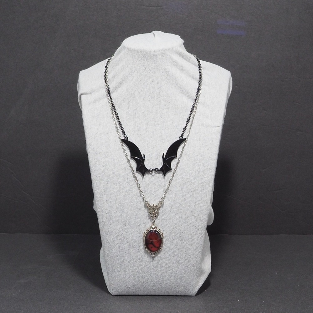 Gothic Vampire Bat Wing Witchy Necklace Set Red Cabochon Layered Dark Cosplay